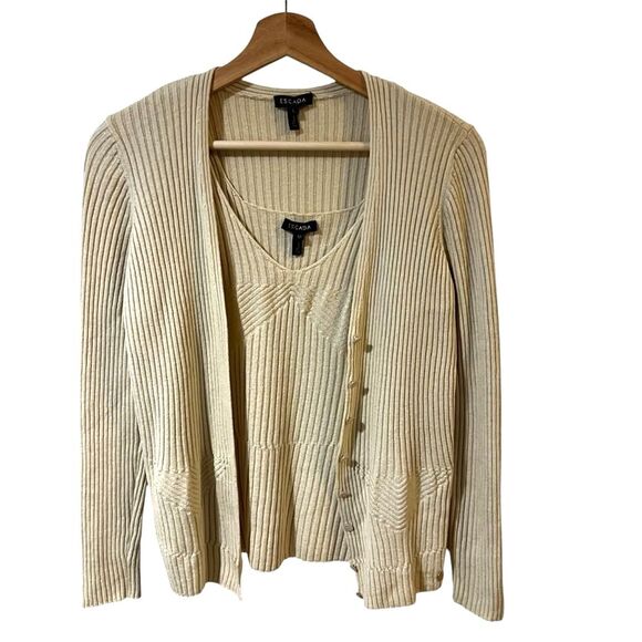 Escada Gold Metallic Wool Sweater Set Shell MED Cardigan LRG Holiday Glam Event - Picture 1 of 15